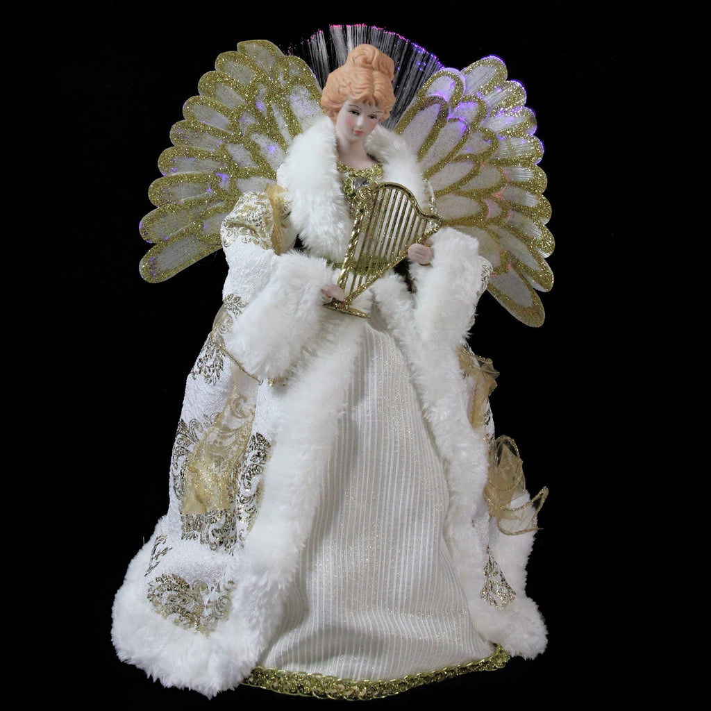 12x22 Lighted Fiber Optic Angel in Gold and Cream Gown with Harp Christmas Tree Topper G5462