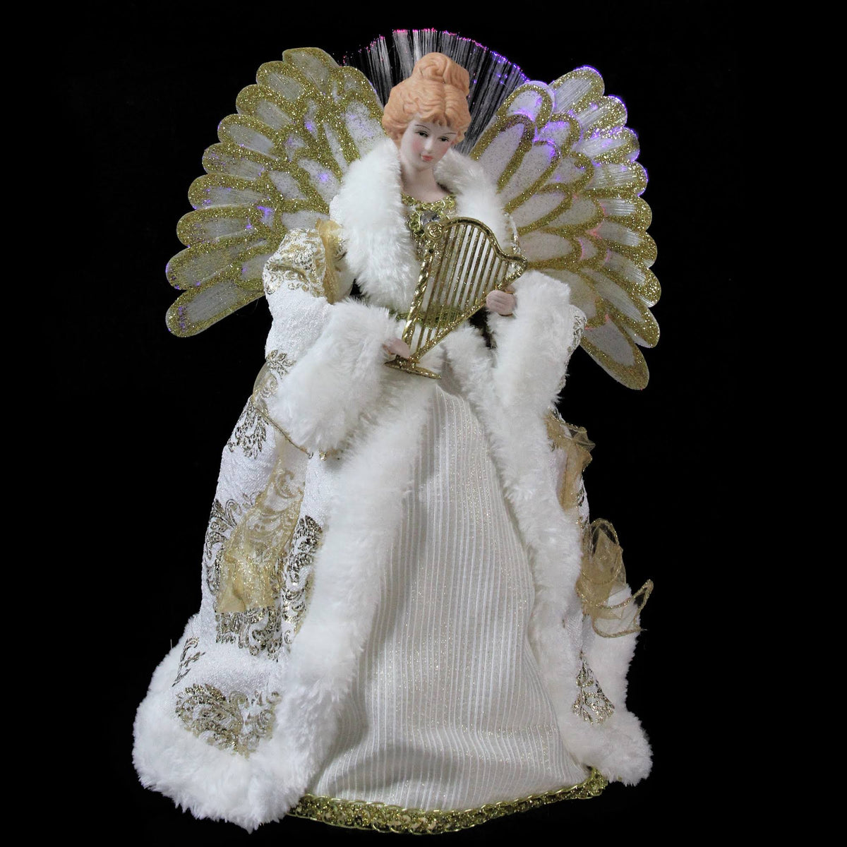 12x22 Lighted Fiber Optic Angel in Gold and Cream Gown with Harp Christmas Tree Topper G5462