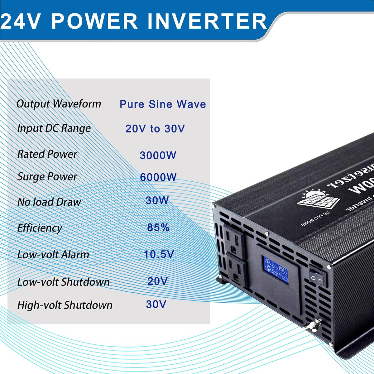 3000w 24v Pure Sine Wave Power Inverter with Dual US Outlet and LCD Display H50699