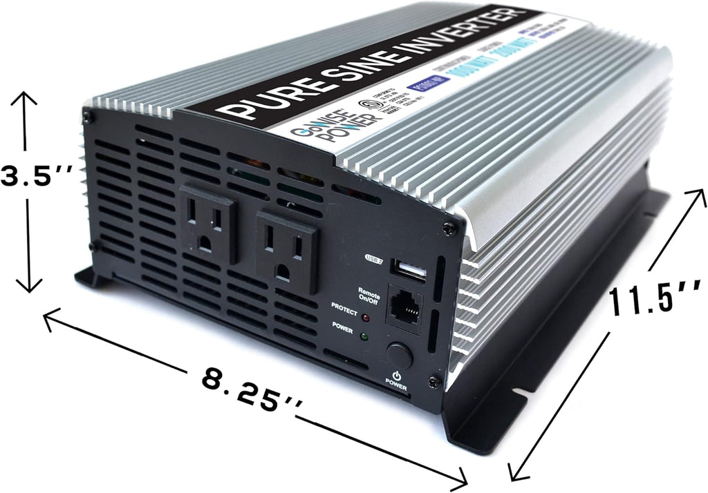 1000W Pure Sine Wave Inverter 12V DC to 120V AC with 2 AC Outlets and Remote Switch V586266