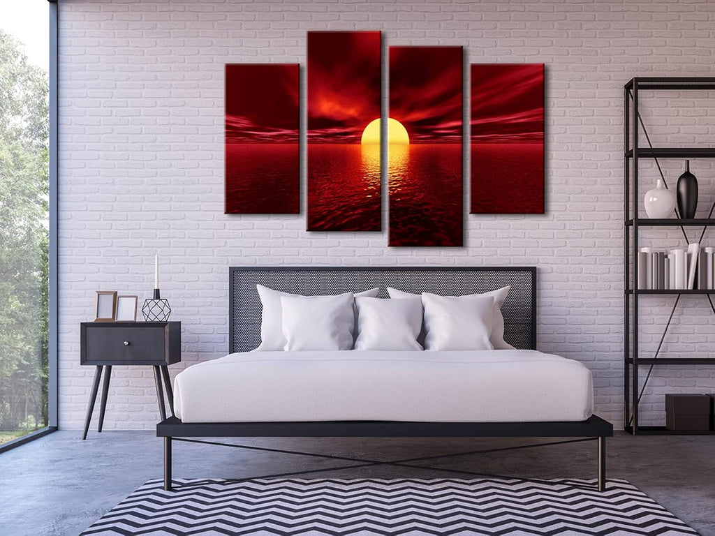 Red Sea Sun Paintings 4 Piece Large Stretched Framed Seascape Ocean Beach Canvas Art Y92912