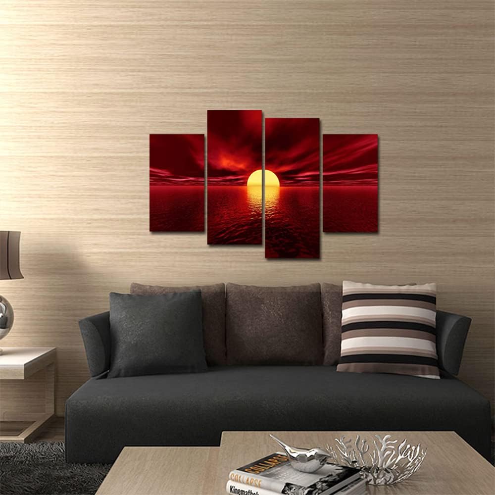 Red Sea Sun Paintings 4 Piece Large Stretched Framed Seascape Ocean Beach Canvas Art Y92912