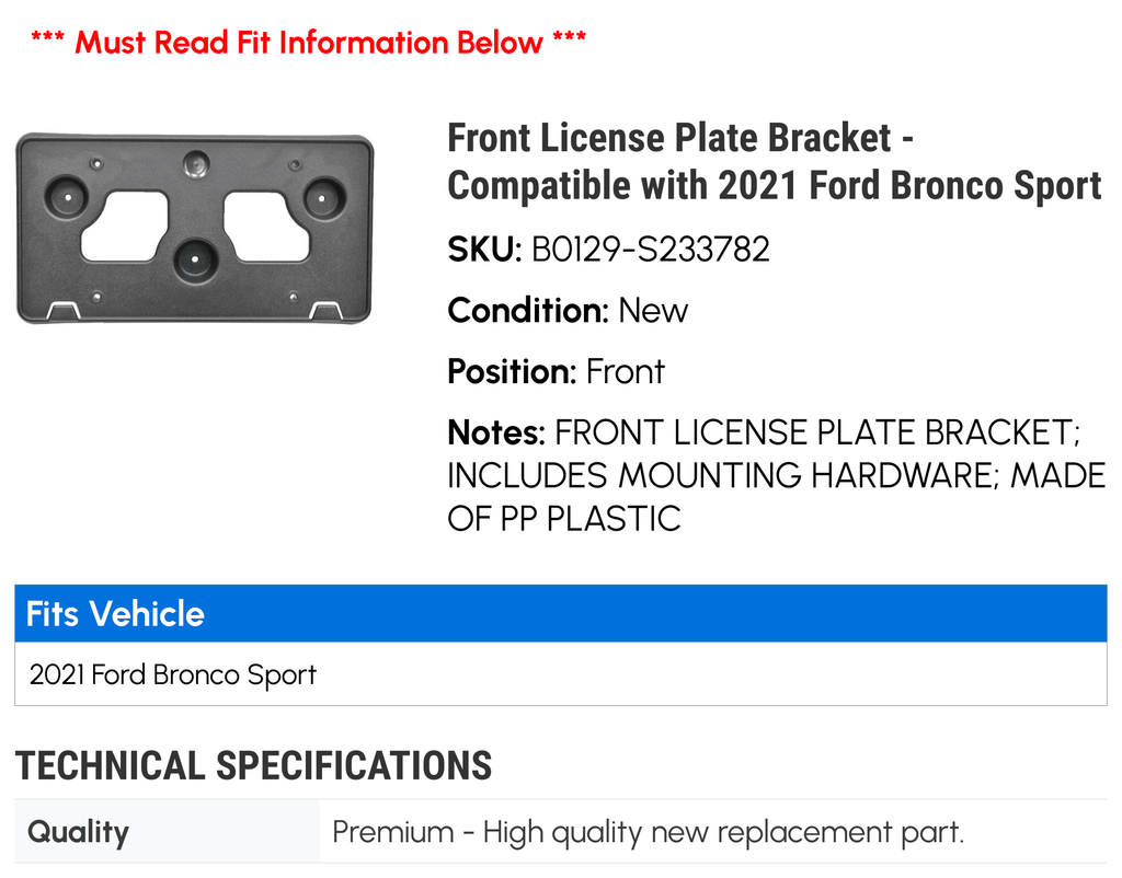 Front License Plate Bracket for 2021 Ford Bronco Sport D699
