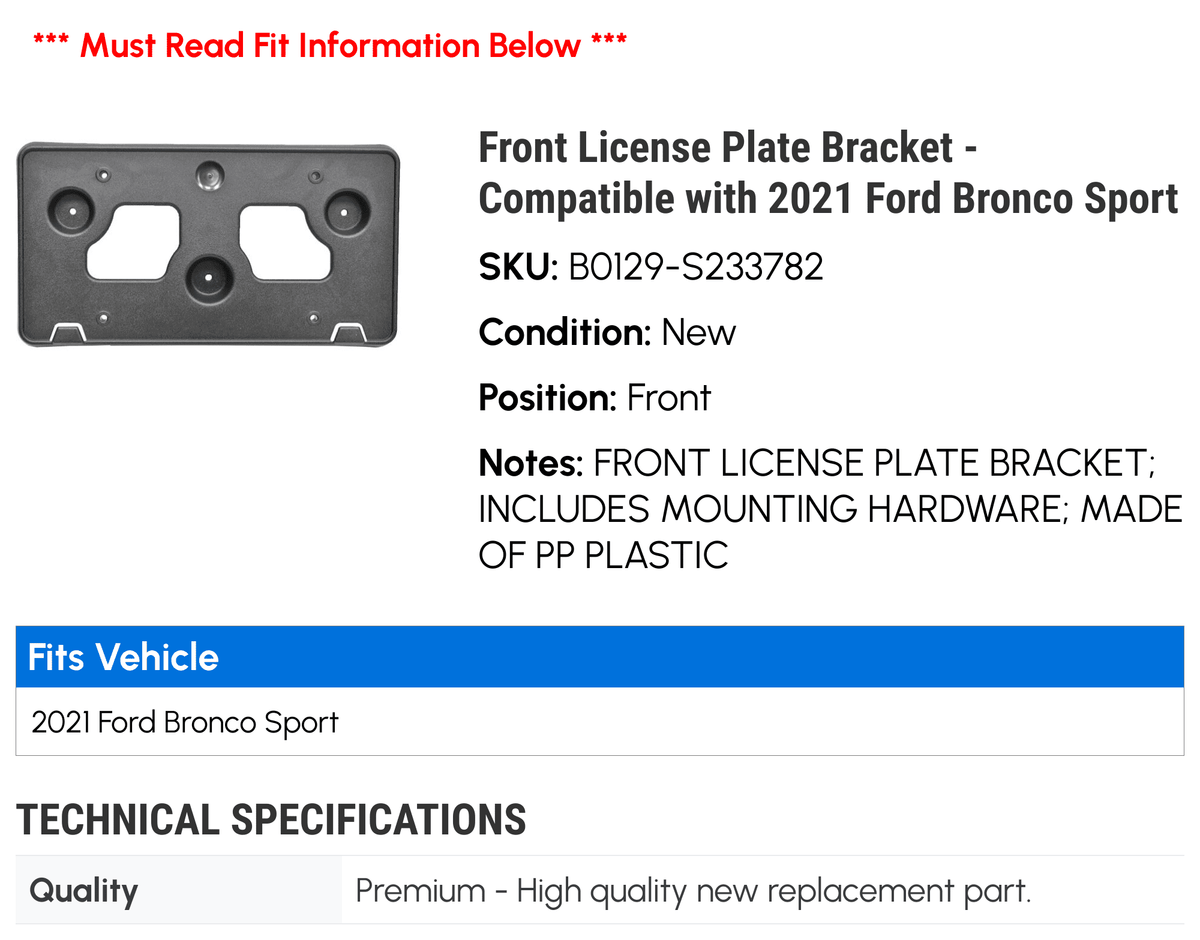 Front License Plate Bracket for 2021 Ford Bronco Sport D699
