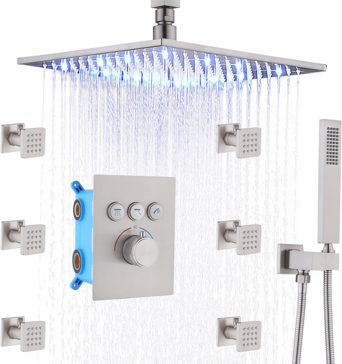16 Inch Rain Shower Head System with Body Jets and Handheld Shower Faucet Fixture Set A1929
