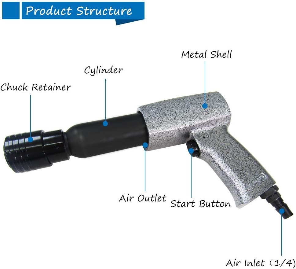 Pneumatic Air Hammer Kit 2200RPM 250G with 9 Air Chisels and 1 Chuck Retainer E69253