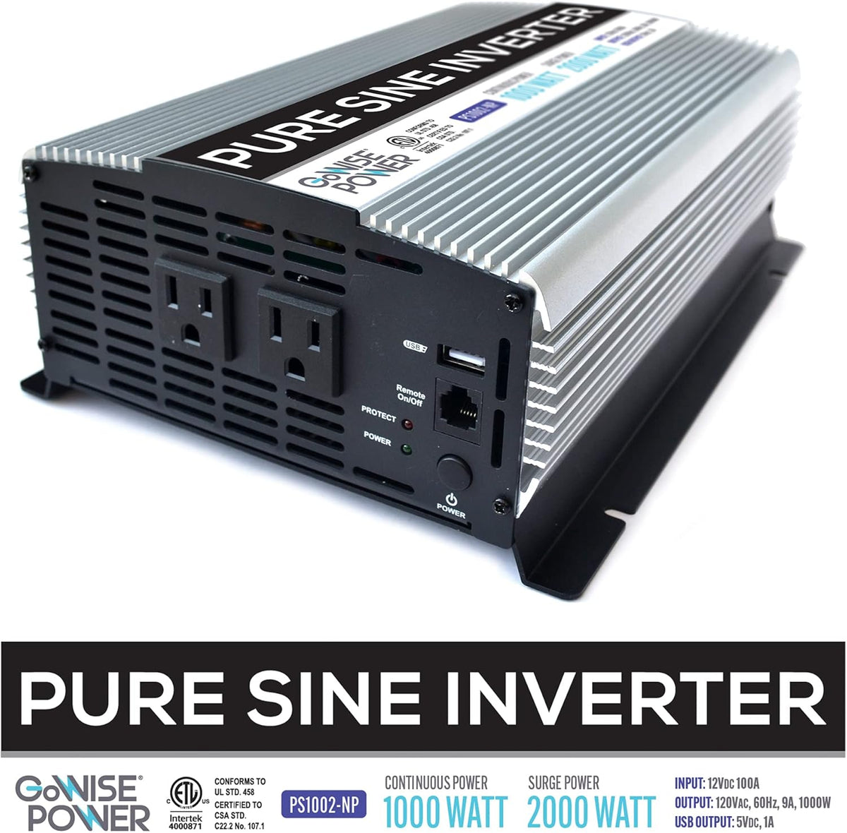 1000W Pure Sine Wave Inverter 12V DC to 120V AC with 2 AC Outlets and Remote Switch V586266