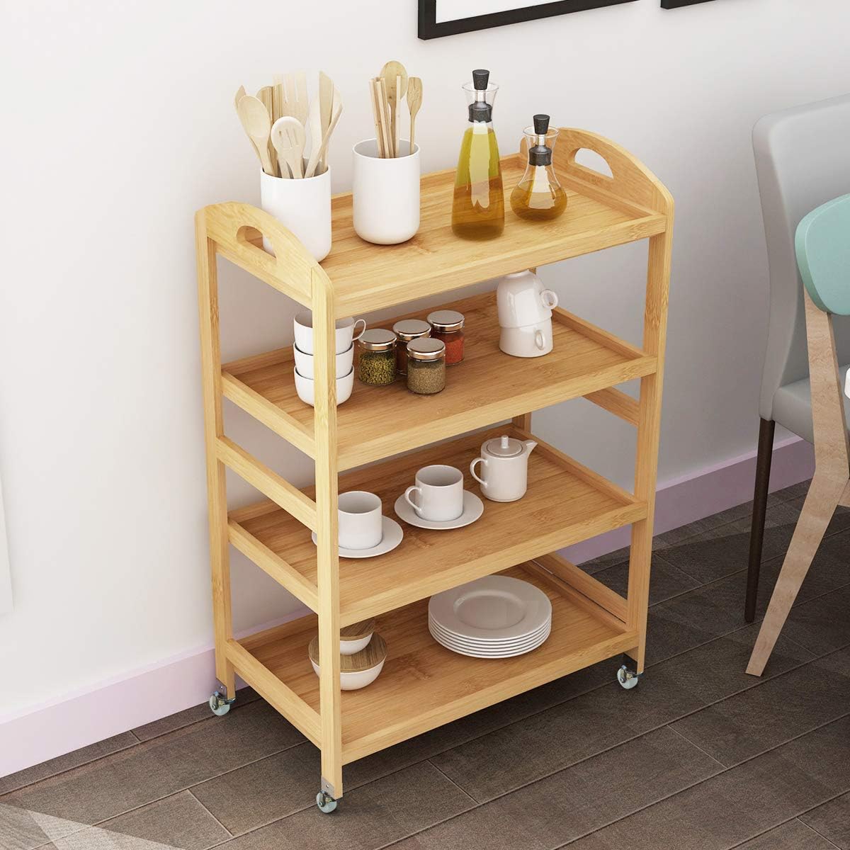 4-Tier Bamboo Storage Utility Cart with Wheels B88380
