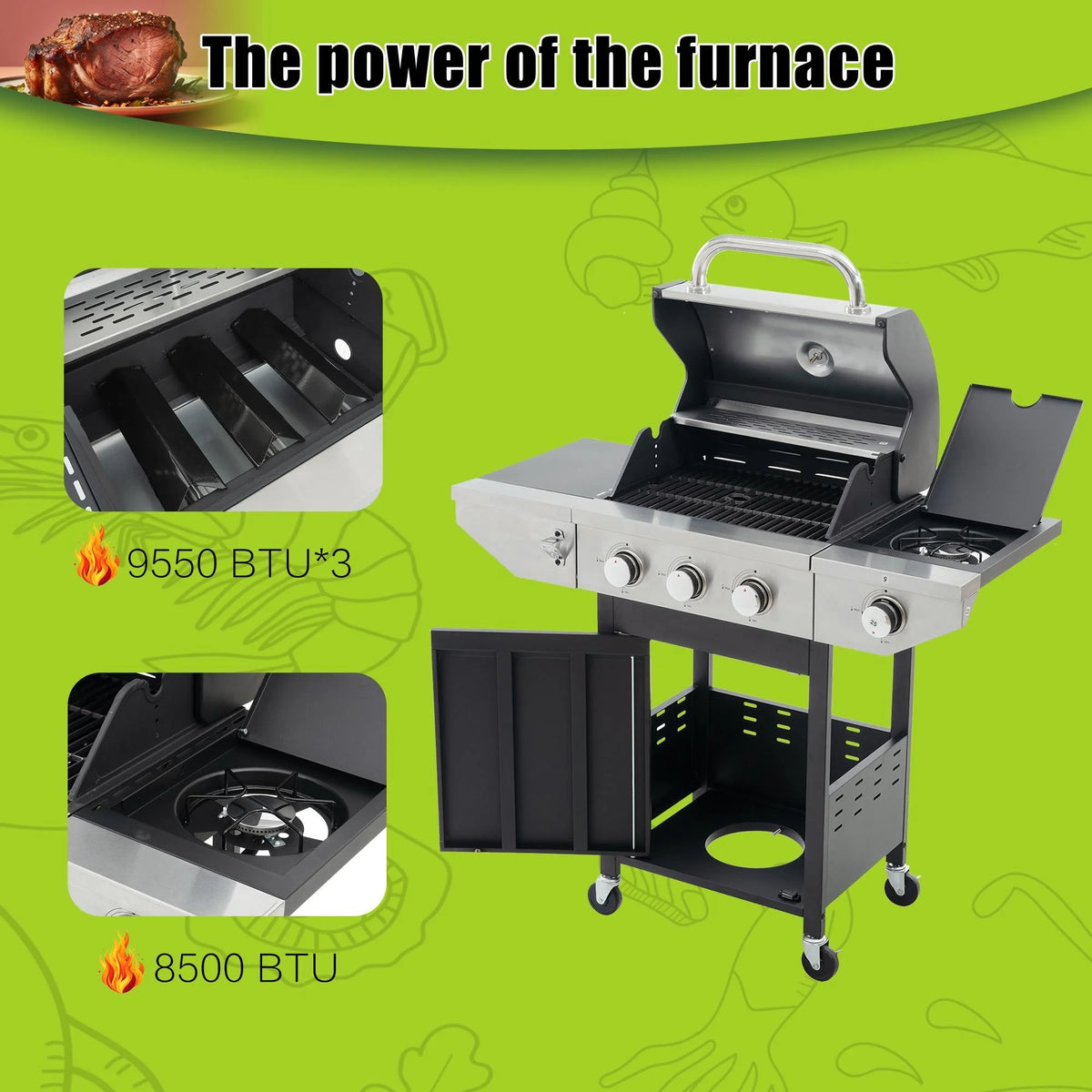 3 Burner Stainless Steel Propane Gas Grill with Side Burner R624