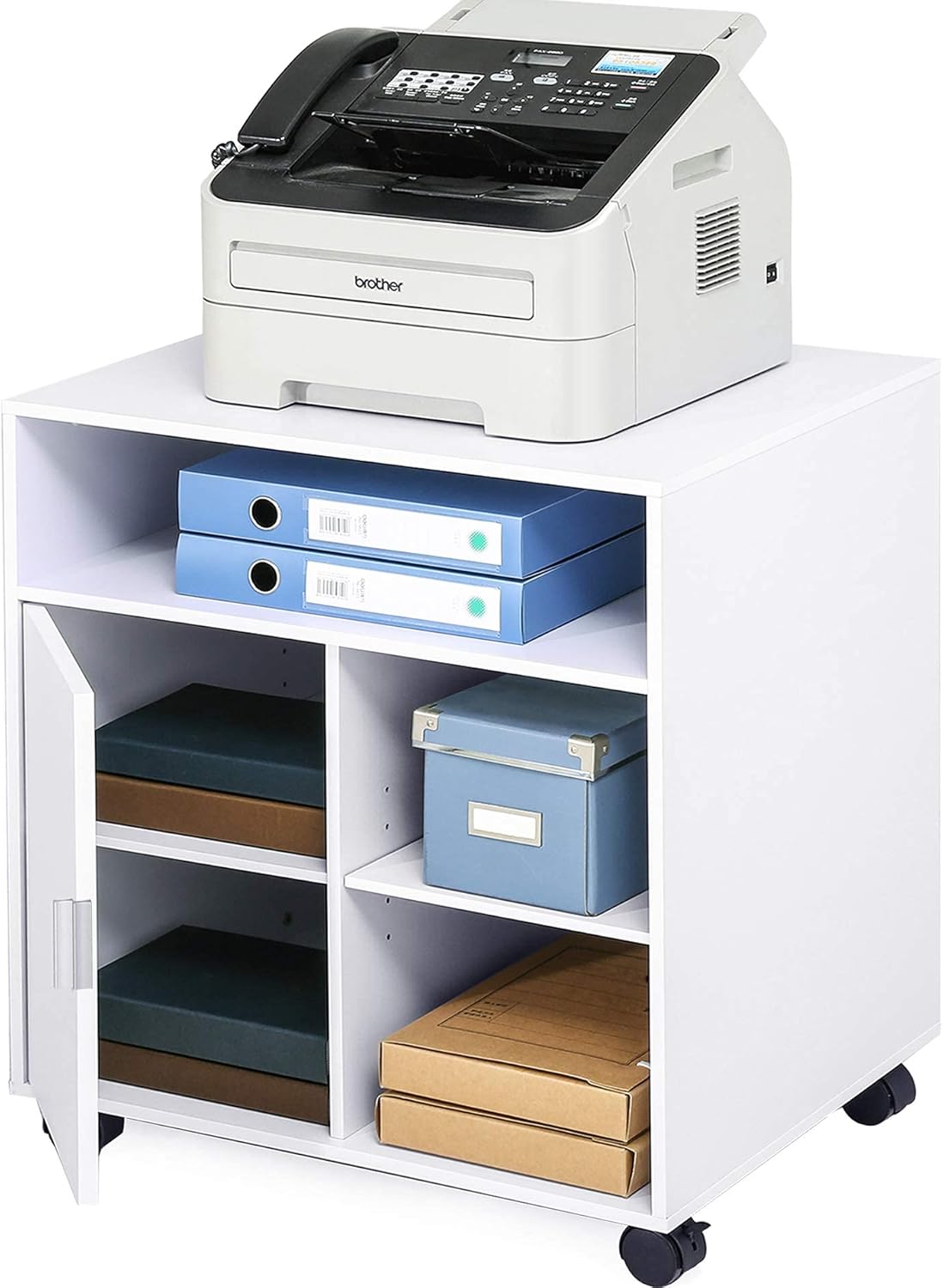 Black Wood Printer Stand with Storage Shelves and Door D756