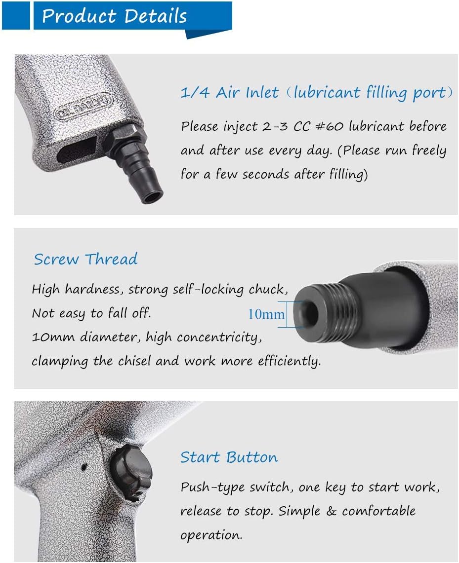 Pneumatic Air Hammer Kit 2200RPM 250G with 9 Air Chisels and 1 Chuck Retainer E69253