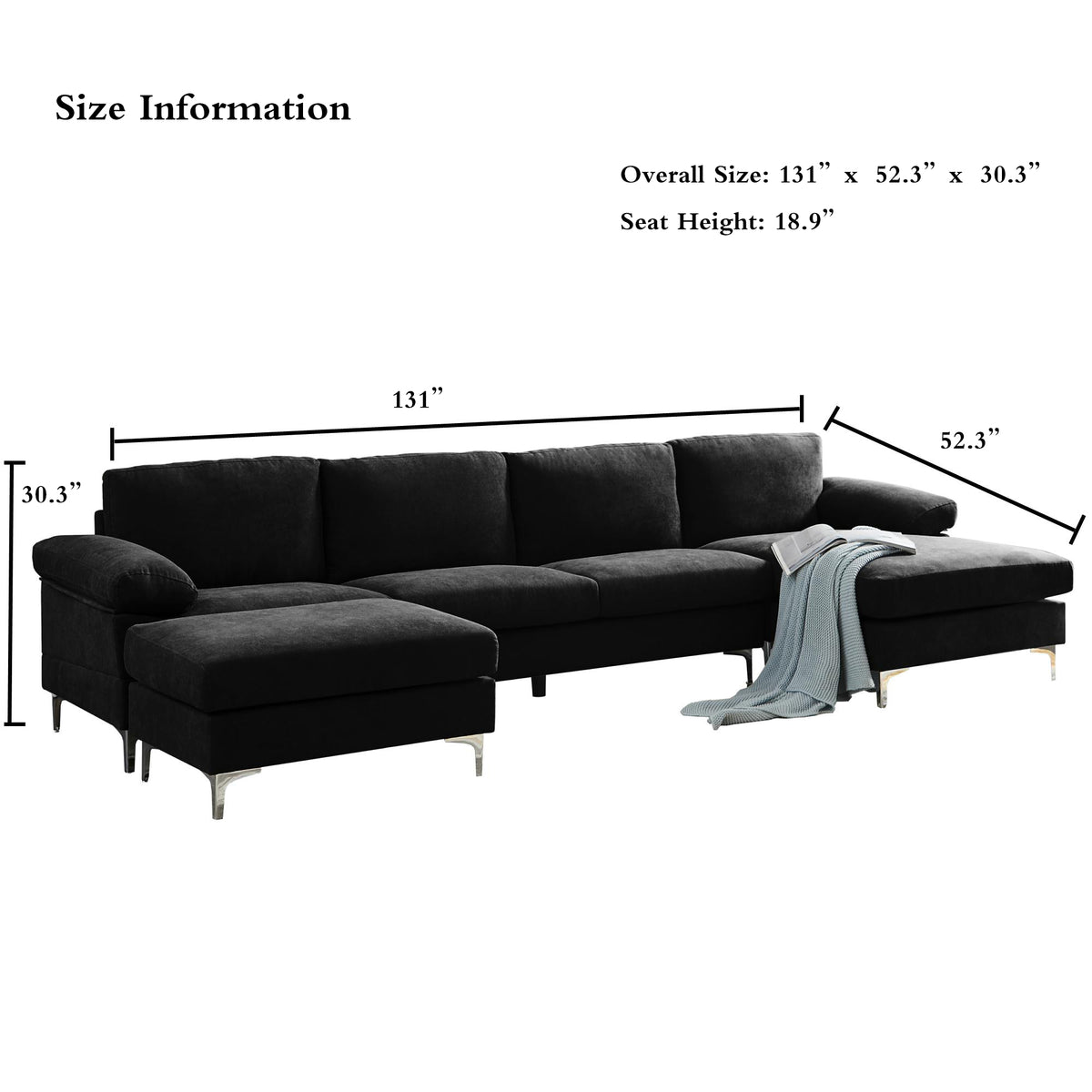 Black Polyester L-Shaped Sectional Sofa with Ottoman D3470