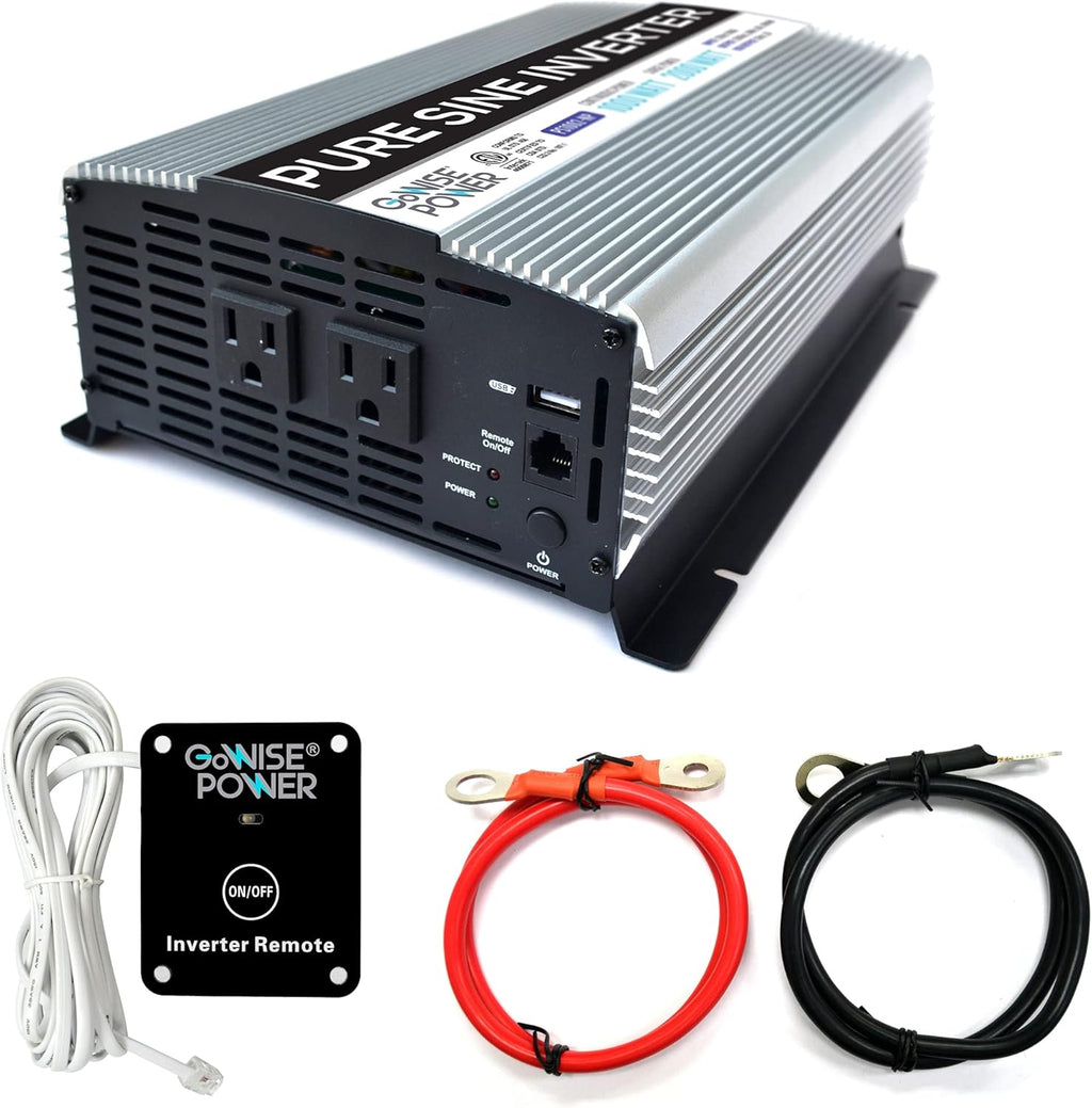 1000W Pure Sine Wave Inverter 12V DC to 120V AC with 2 AC Outlets and Remote Switch V586266