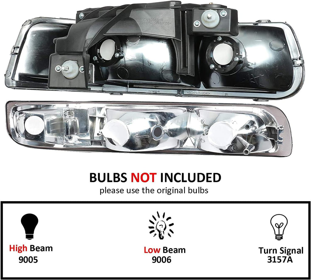 Chrome Housing Clear Lens Headlights with Bumper Lights Assembly Set Pack of 2 S7924