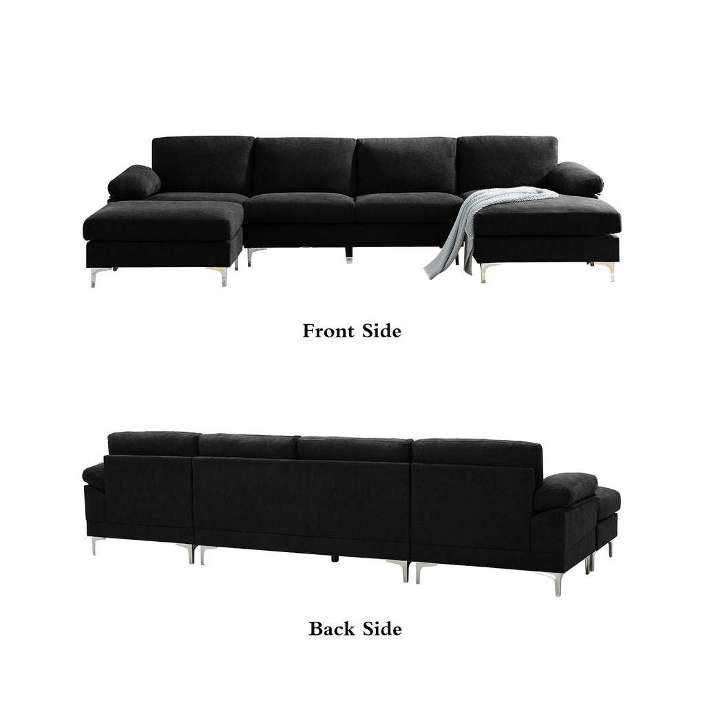 Black Polyester L-Shaped Sectional Sofa with Ottoman D3470