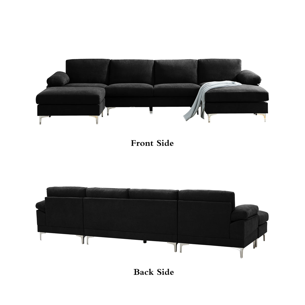 Black Polyester L-Shaped Sectional Sofa with Ottoman D3470