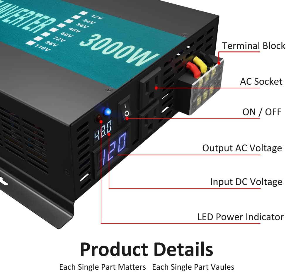 3000W 48V 120V Pure Sine Wave Power Inverter with 2 AC Outlets L394247