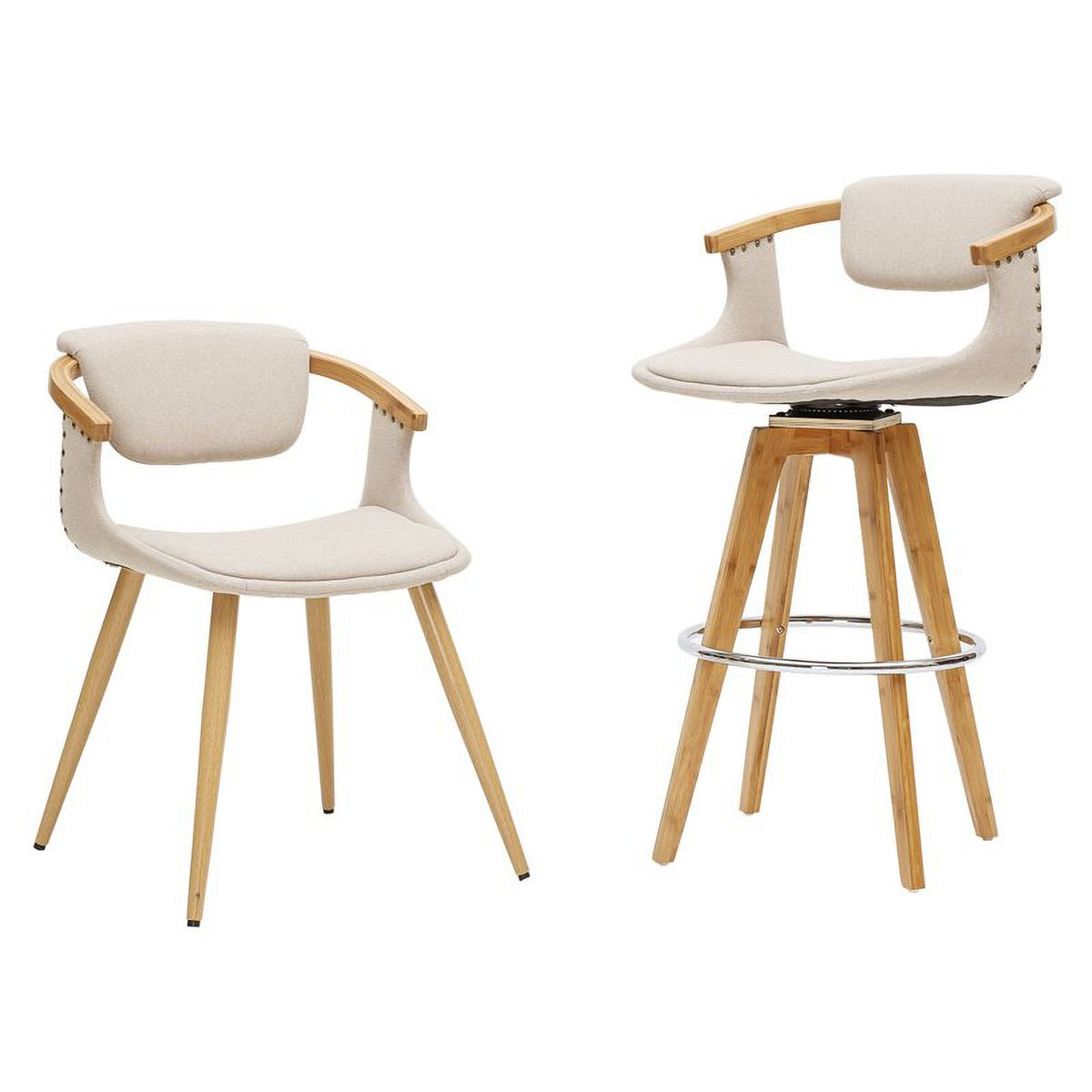 Beige Fabric Bamboo Counter Stool I809