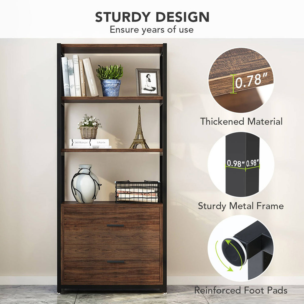 Black Bookcase with 2 Drawers Storage Cabinet Display Shelves A804133