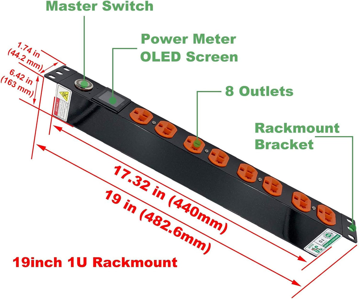 19 Inch 1U 8-Outlet 16A Rackmount Metered PDU Power Strip T194