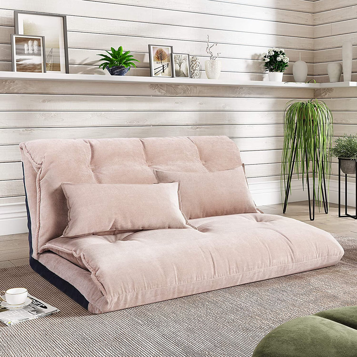 Beige Adjustable Floor Sofa Bed with 2 Pillows O50120