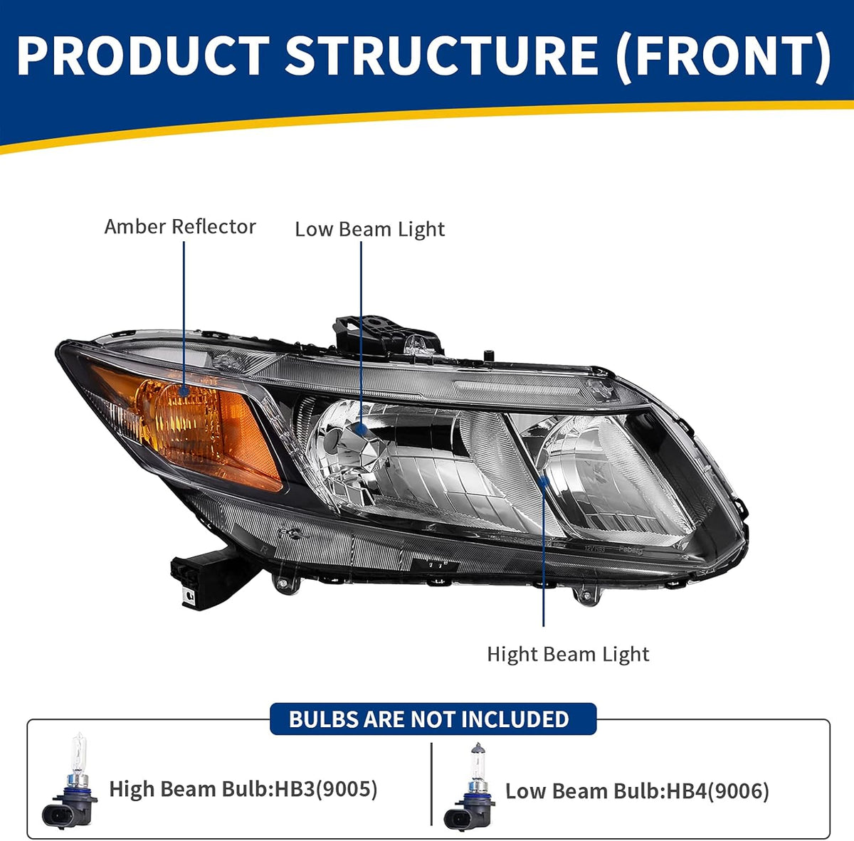 Headlight Assembly Compatible with 2012 2015 Civic Sedan 4-Door Coupe 2-Door Black Housing Amber Reflector V255094