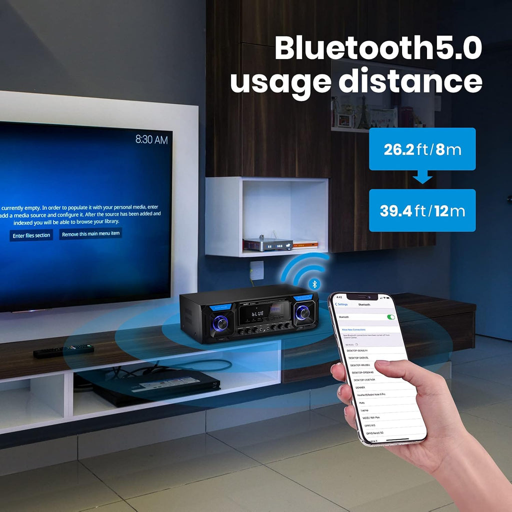 Bluetooth 5.0 330W 2 Channel Stereo Receiver with USB/SD, RCA/3.5mm AUX, LED, Remote A66479
