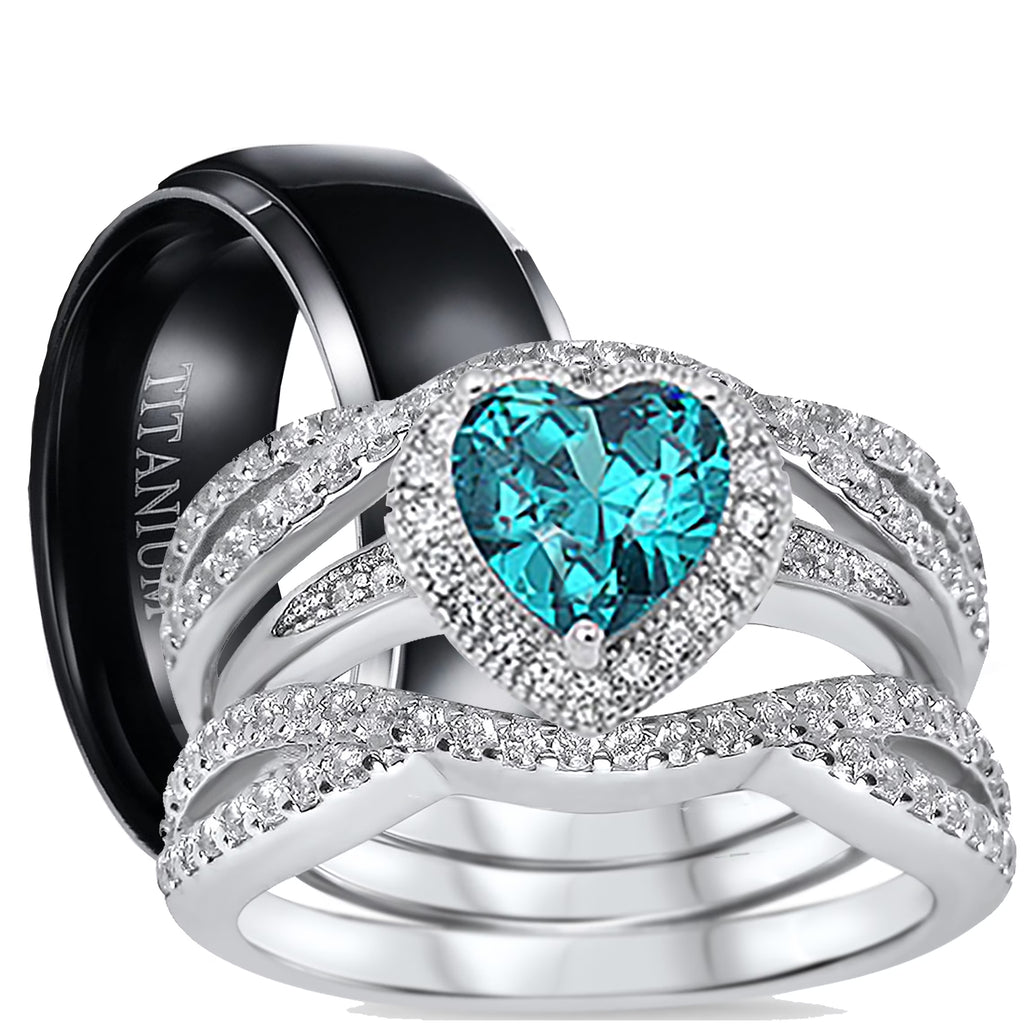 3 Piece Sterling Silver Black Titanium Wedding Band Engagement Ring Set U75839