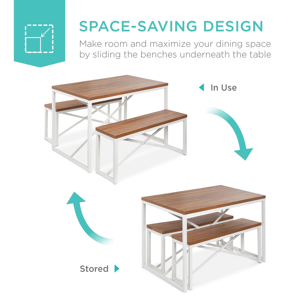 Brown/White 3-Piece Dining Furniture Set with 2 Benches A2934
