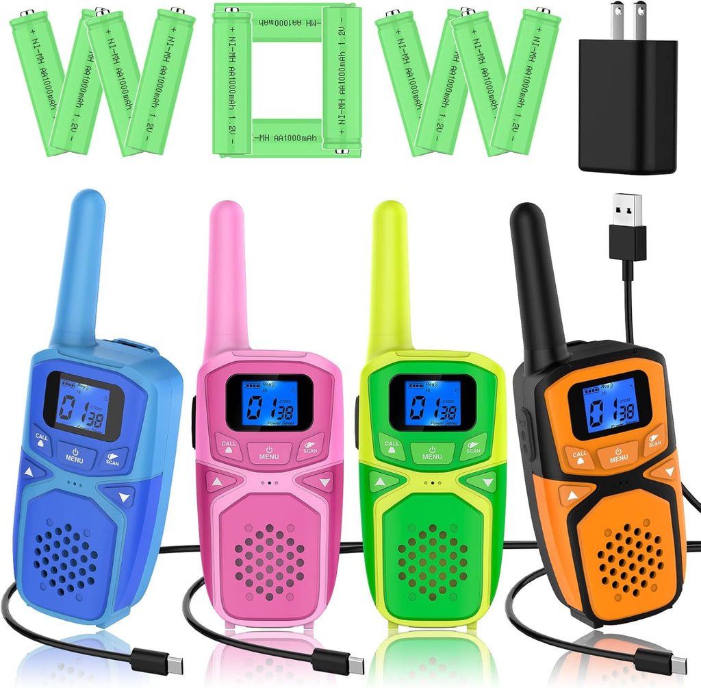 4 Pack Rechargeable Walkie Talkie, 3 Miles Range (Blue Pink Green Orange) R20114