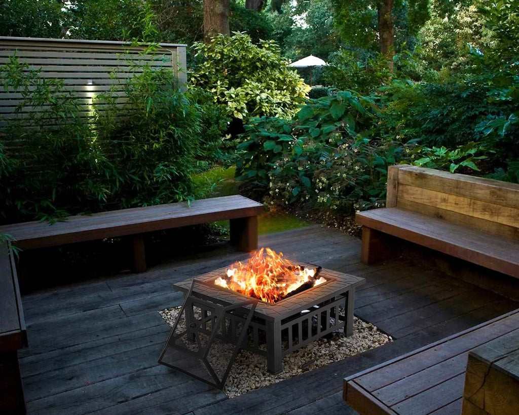 32 inch Square Metal Fire Pit with Poker Mesh Cover and Charcoal Rack H552239