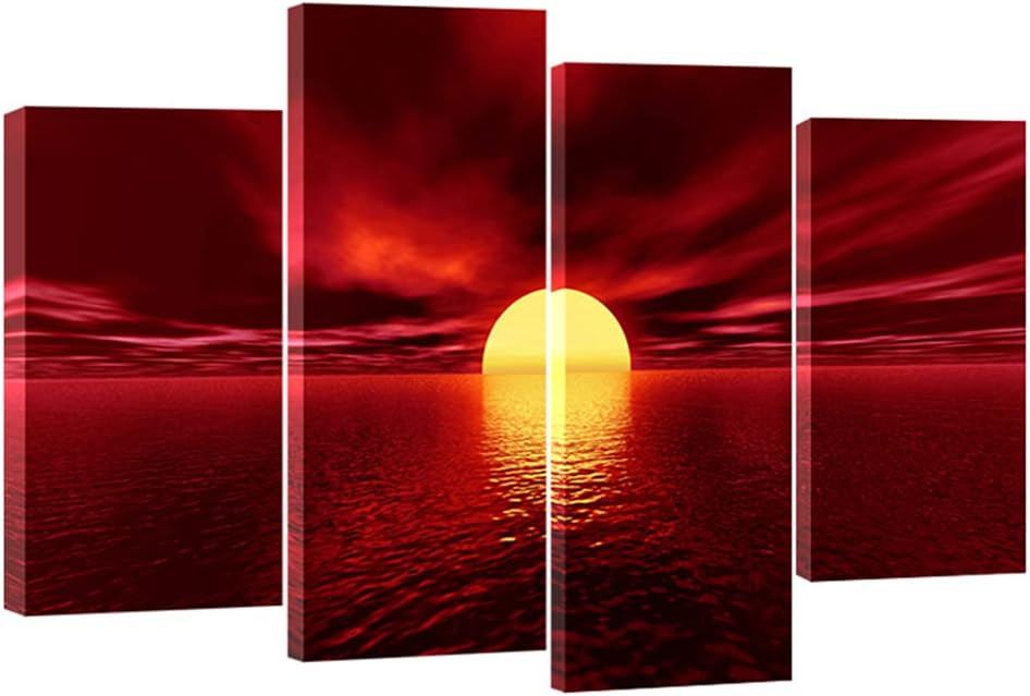 Red Sea Sun Paintings 4 Piece Large Stretched Framed Seascape Ocean Beach Canvas Art Y92912