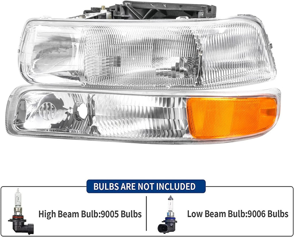 Chrome Housing Clear Lens Headlights with Bumper Lights Assembly Set Pack of 2 S7924