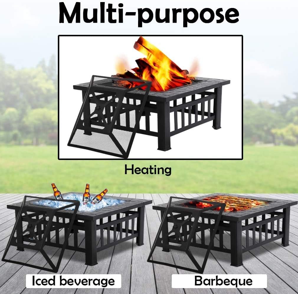 32 inch Square Metal Fire Pit with Poker Mesh Cover and Charcoal Rack H552239