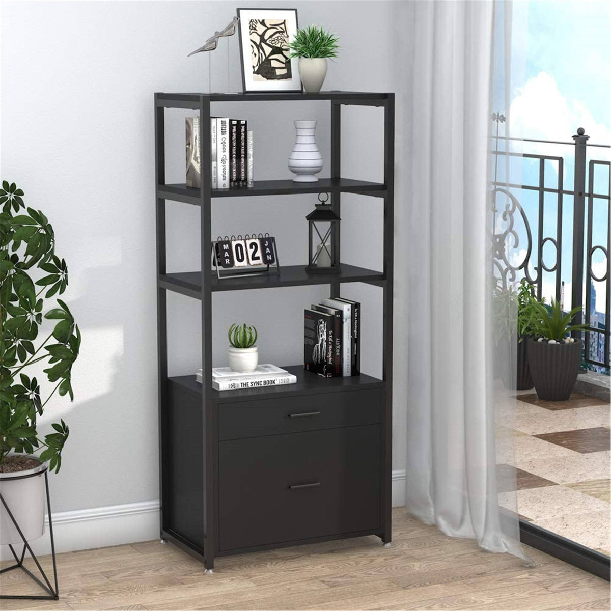 Black Bookcase with 2 Drawers Storage Cabinet Display Shelves A804133