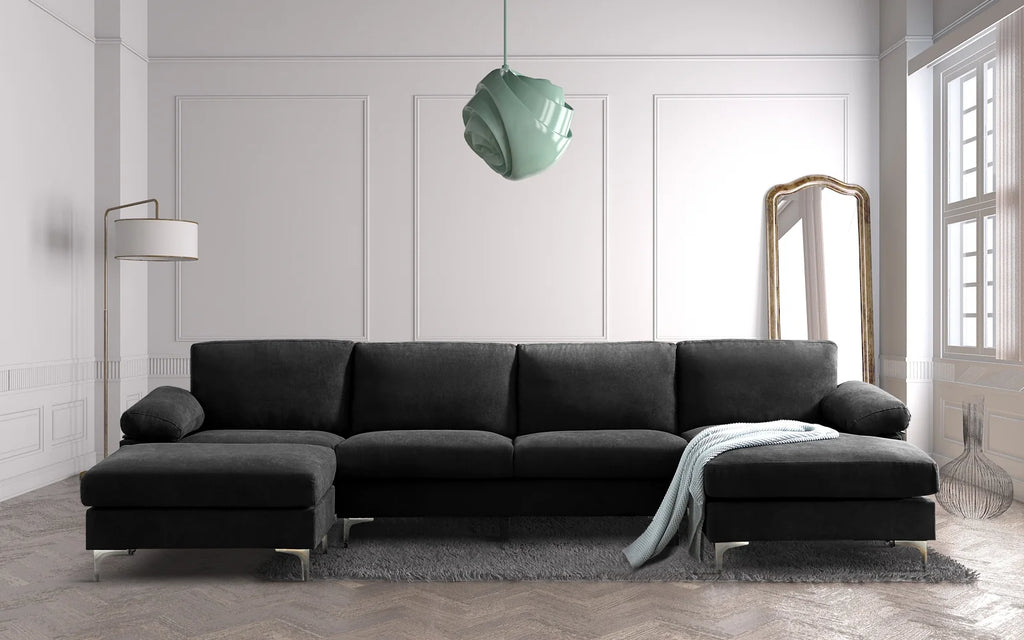 Black Polyester L-Shaped Sectional Sofa with Ottoman D3470