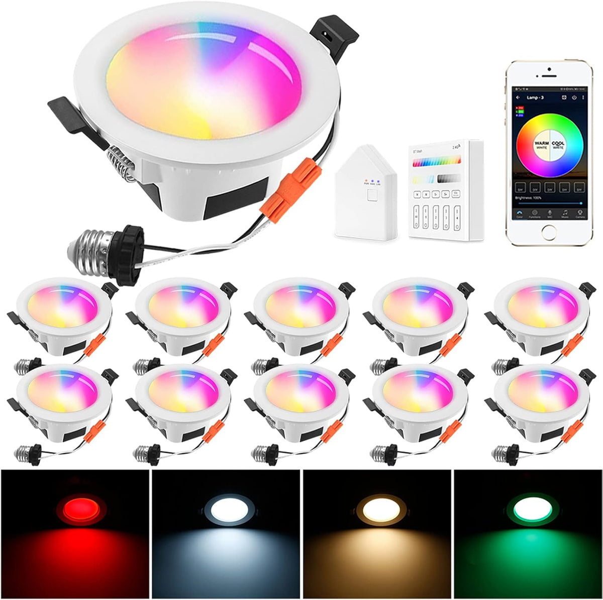 Smart Recessed Downlight 4 Pack LED Lighting Fixtures 3 Inch Dimmable Multicolor Ceiling Can Lights Y848