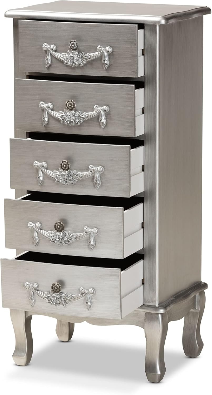 Brushed Silver Finished Wood 5-Drawer Chest X8322