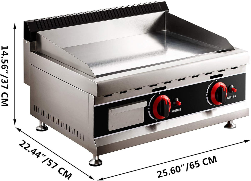 24-Inch Commercial Gas Griddle, 2-Burners Liquefied Propane Gas Flat Top Stainless Steel Countertop Manual Griddle N987374