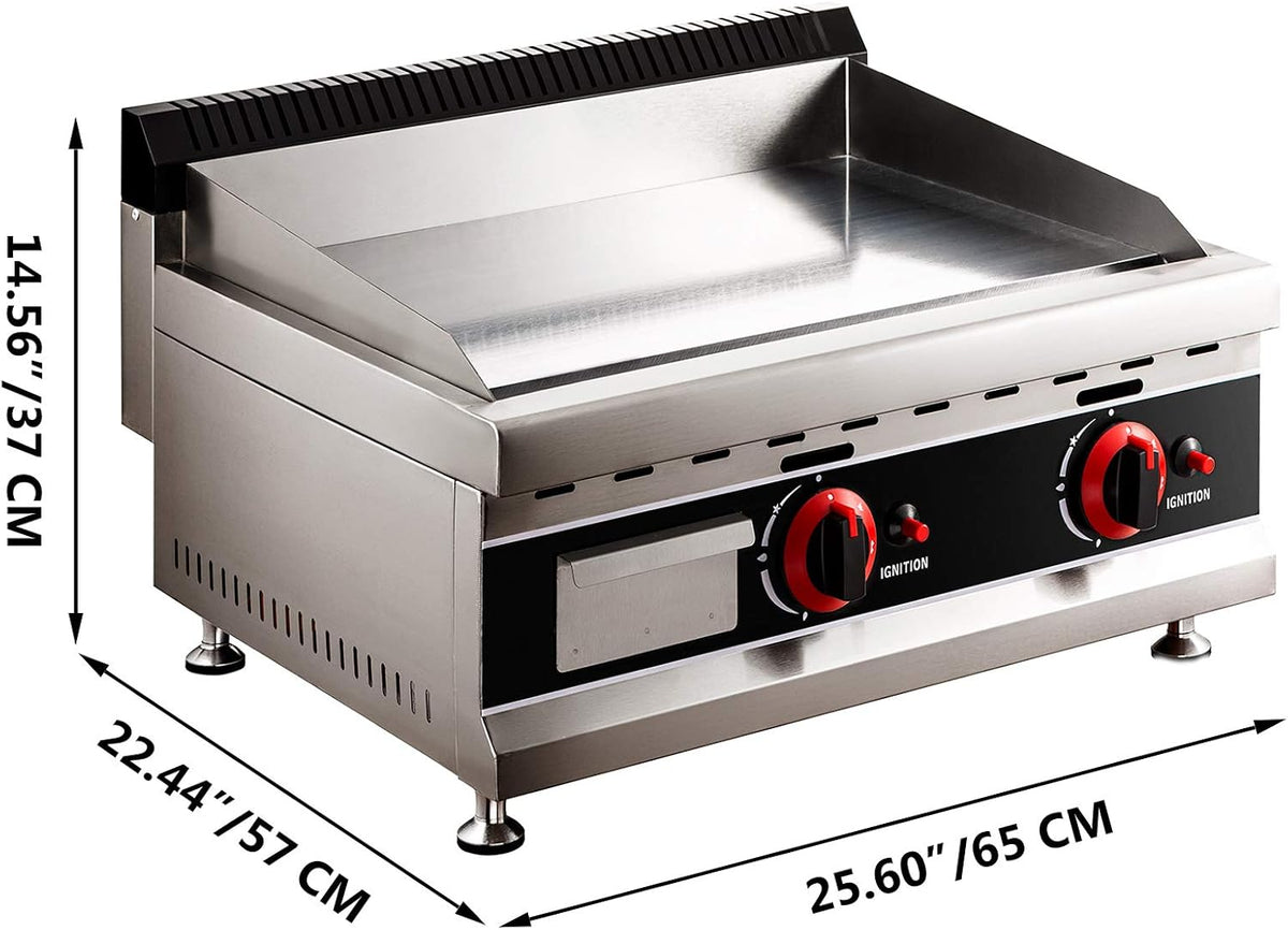 24-Inch Commercial Gas Griddle, 2-Burners Liquefied Propane Gas Flat Top Stainless Steel Countertop Manual Griddle N987374