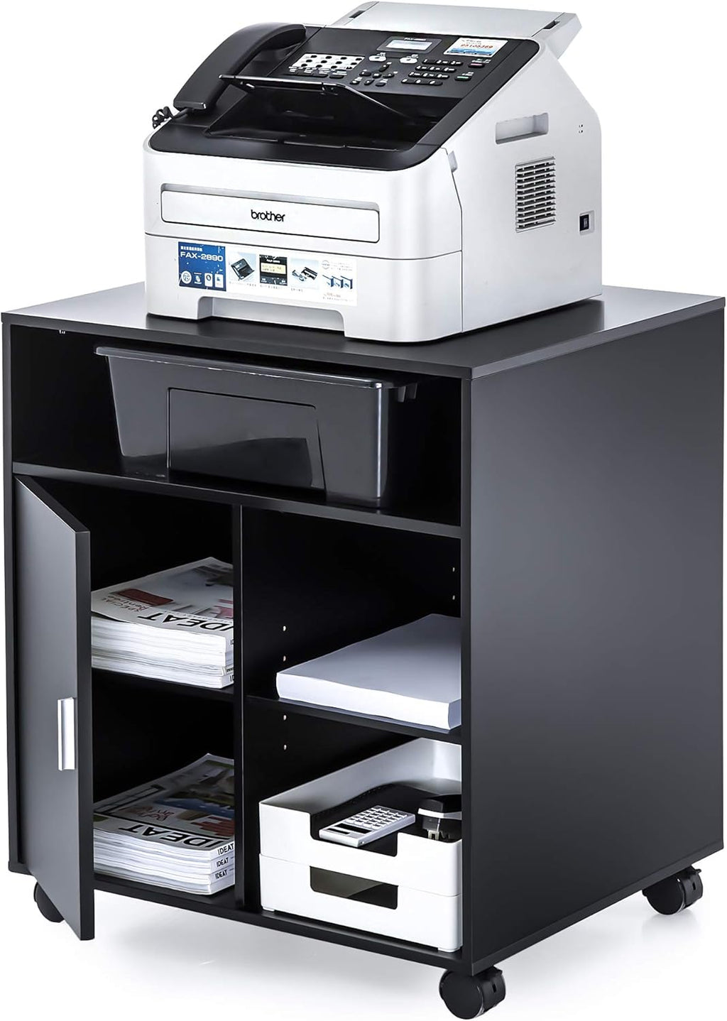 Black Wood Printer Stand with Storage Shelves and Door D756