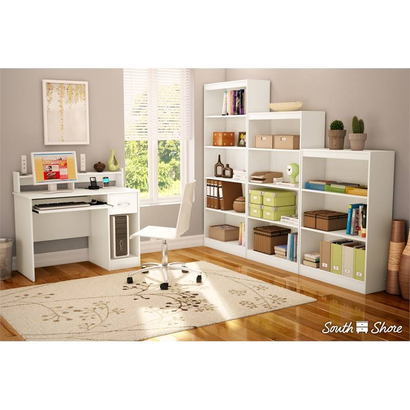 White Desk with Keyboard Tray and 5-Shelf Narrow Bookcase Set P235