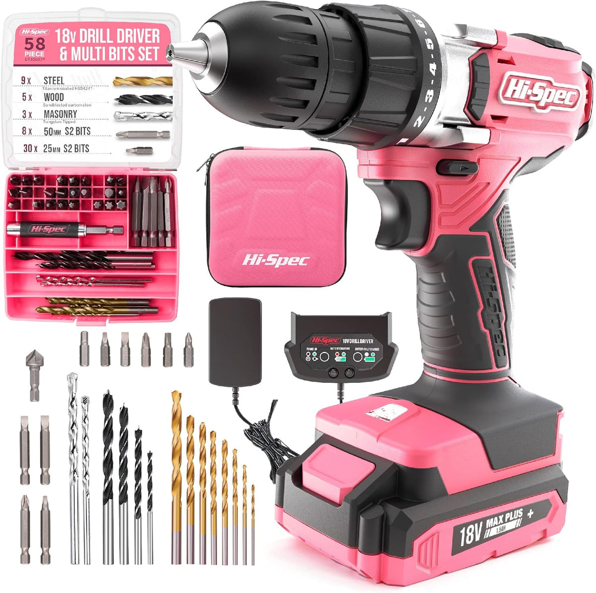 58 Piece 18V Pink Drill Driver & Multi Bit Set with S2 Steel Bit Set in Storage Zipper Case O662578