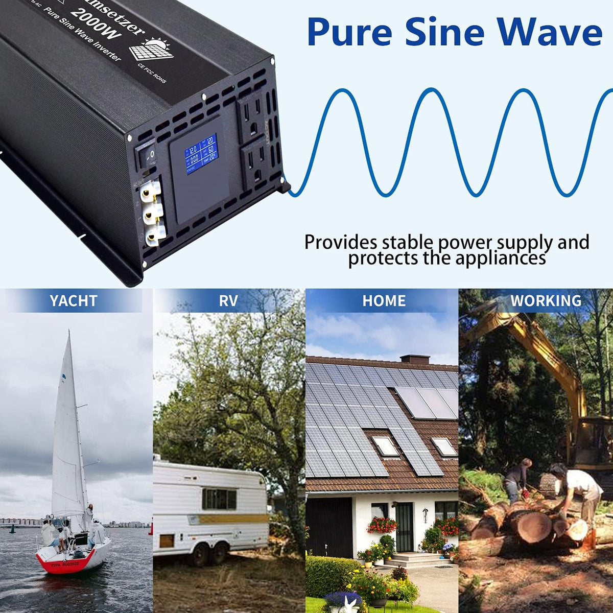 3000w 24v Pure Sine Wave Power Inverter with Dual US Outlet and LCD Display H50699
