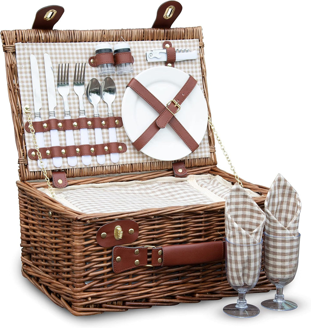 Picnic Basket for 2 Wicker Picnic Set with Insulated Liner, Red Pack of 2 I197