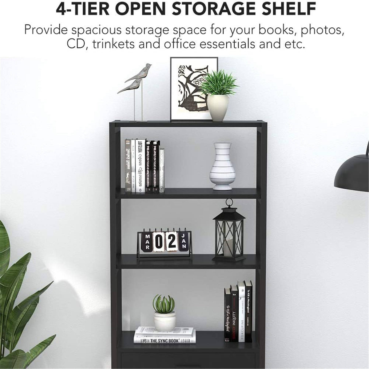 Black Bookcase with 2 Drawers Storage Cabinet Display Shelves A804133