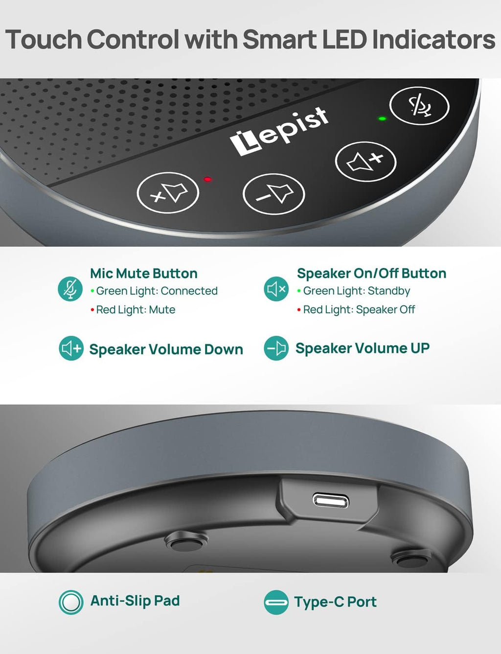 USB Speakerphone with Microphone, 360° Voice Pickup B690