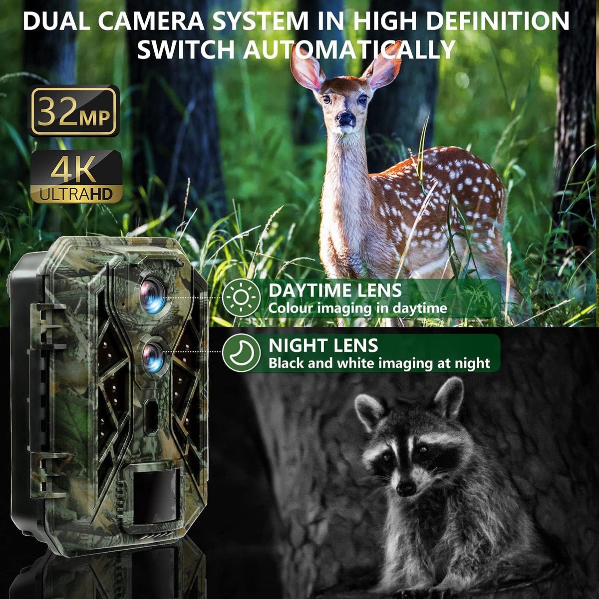 4K 32MP Dual Lens Trail Camera with Night Vision and 32GB Card L903