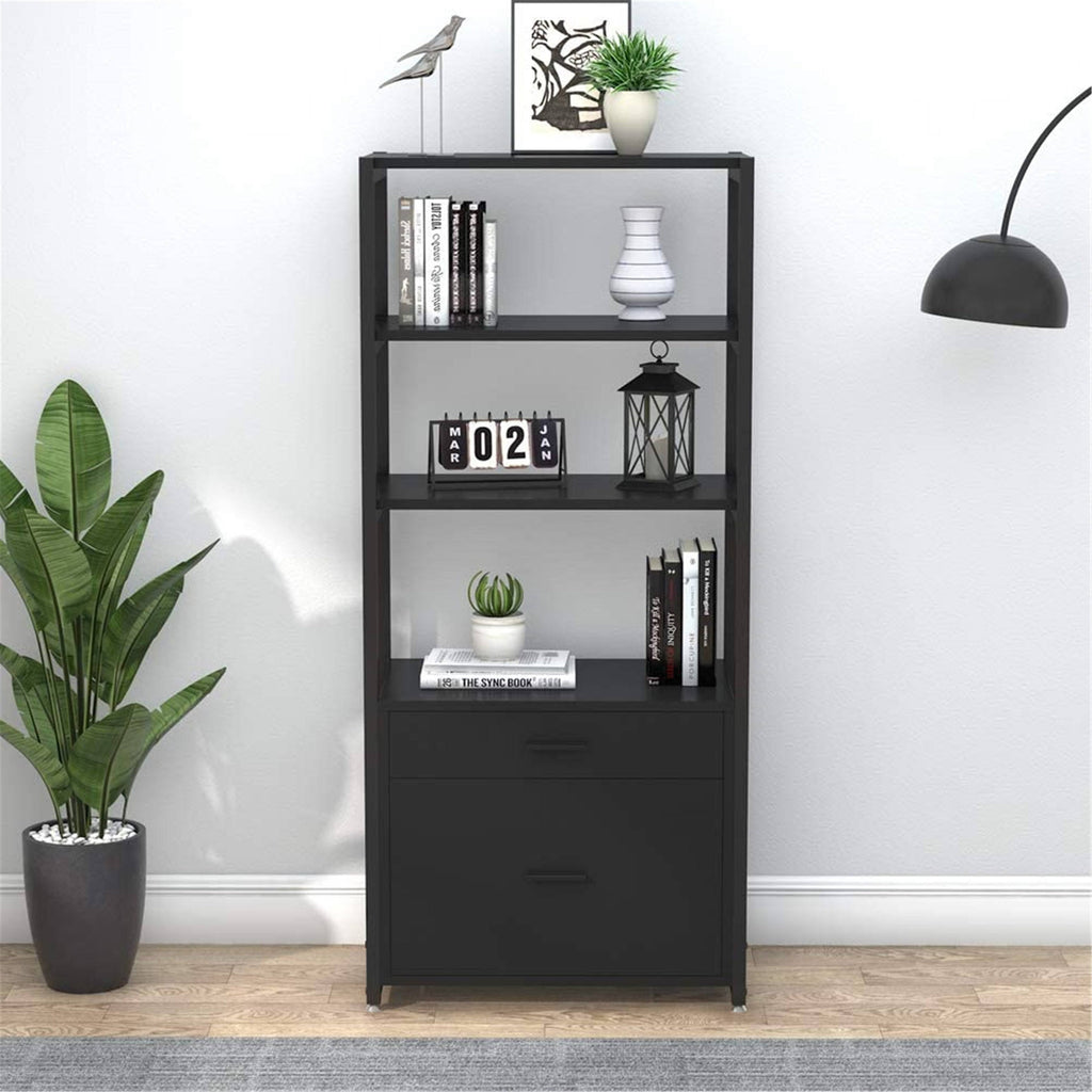 Black Bookcase with 2 Drawers Storage Cabinet Display Shelves A804133