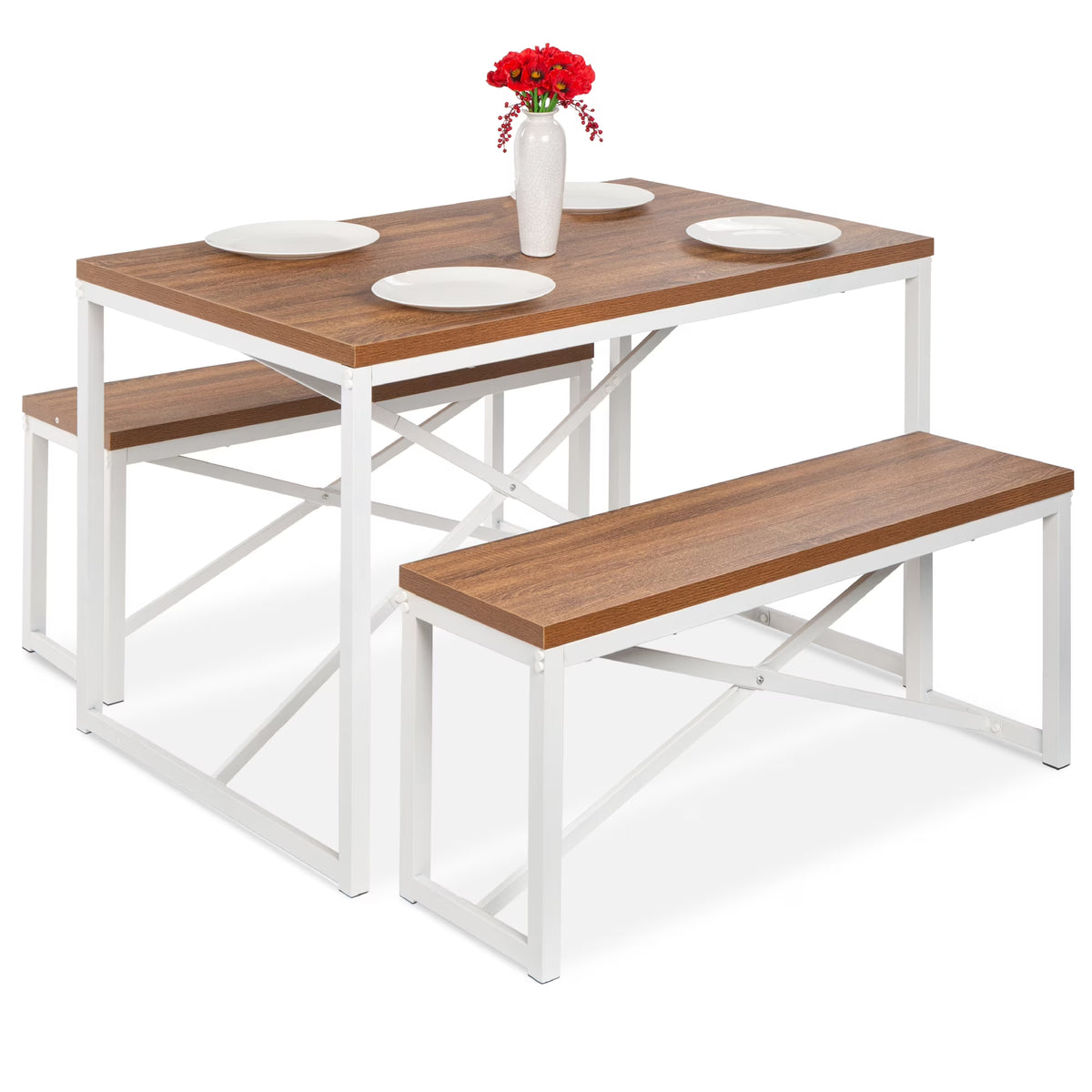 Brown/White 3-Piece Dining Furniture Set with 2 Benches A2934